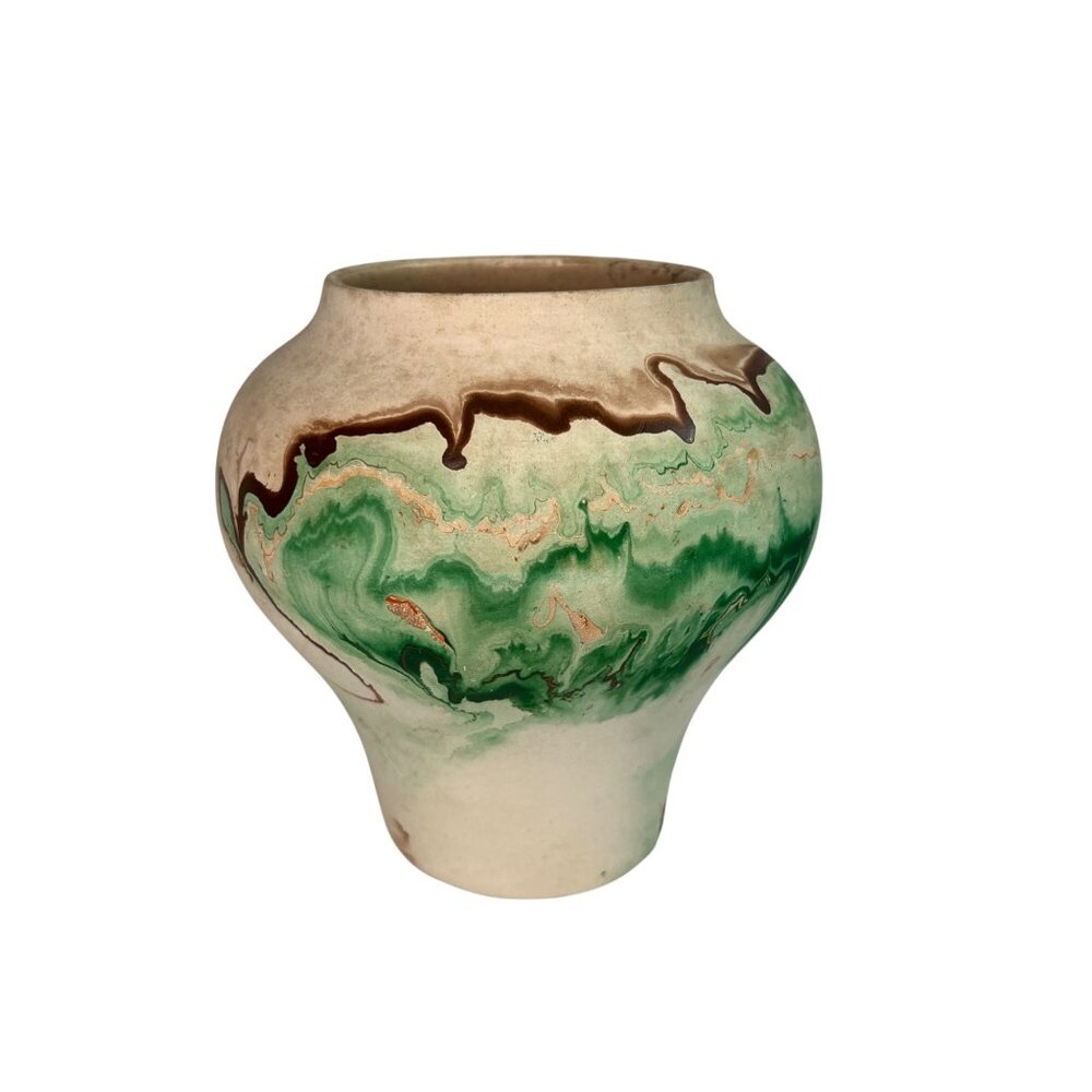 Vintage Nemadji Pottery Vase Marbled Green & Brown Clay